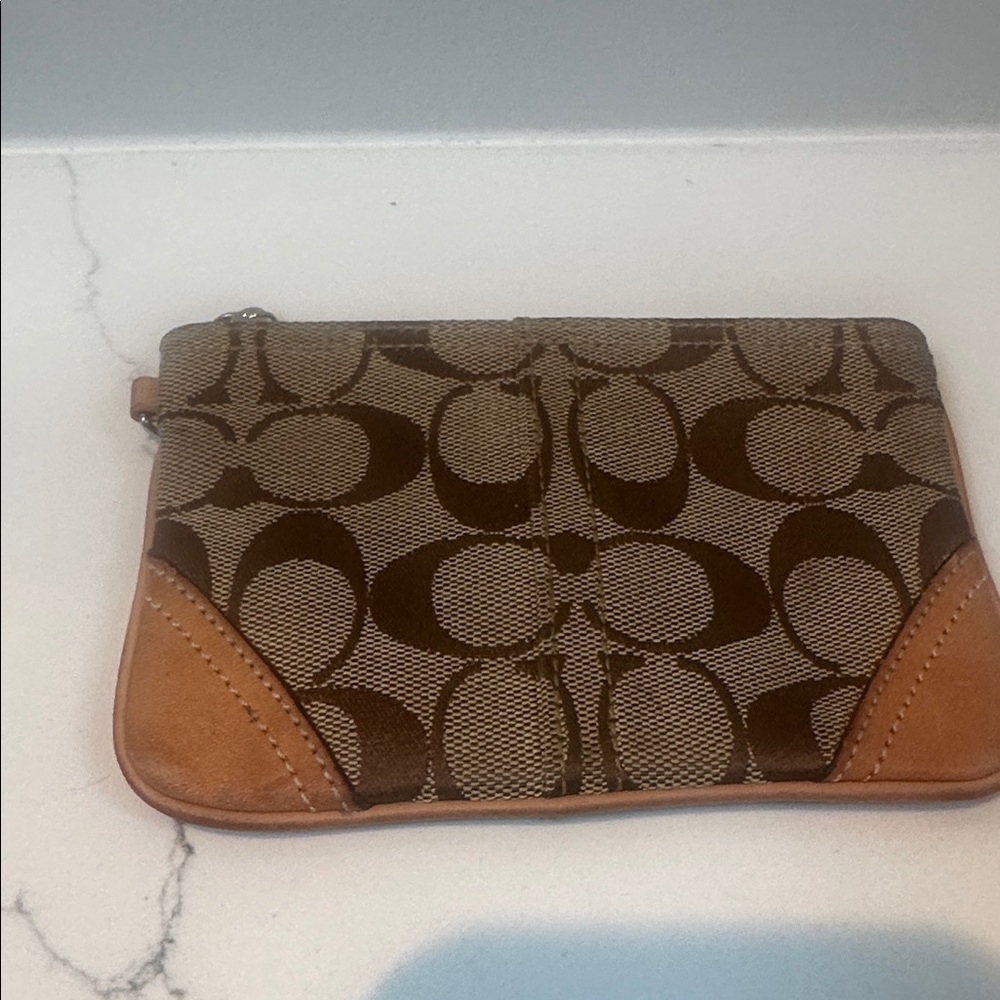 Coach Brown Signature Canvas Wristlet with Tan Leather Trim